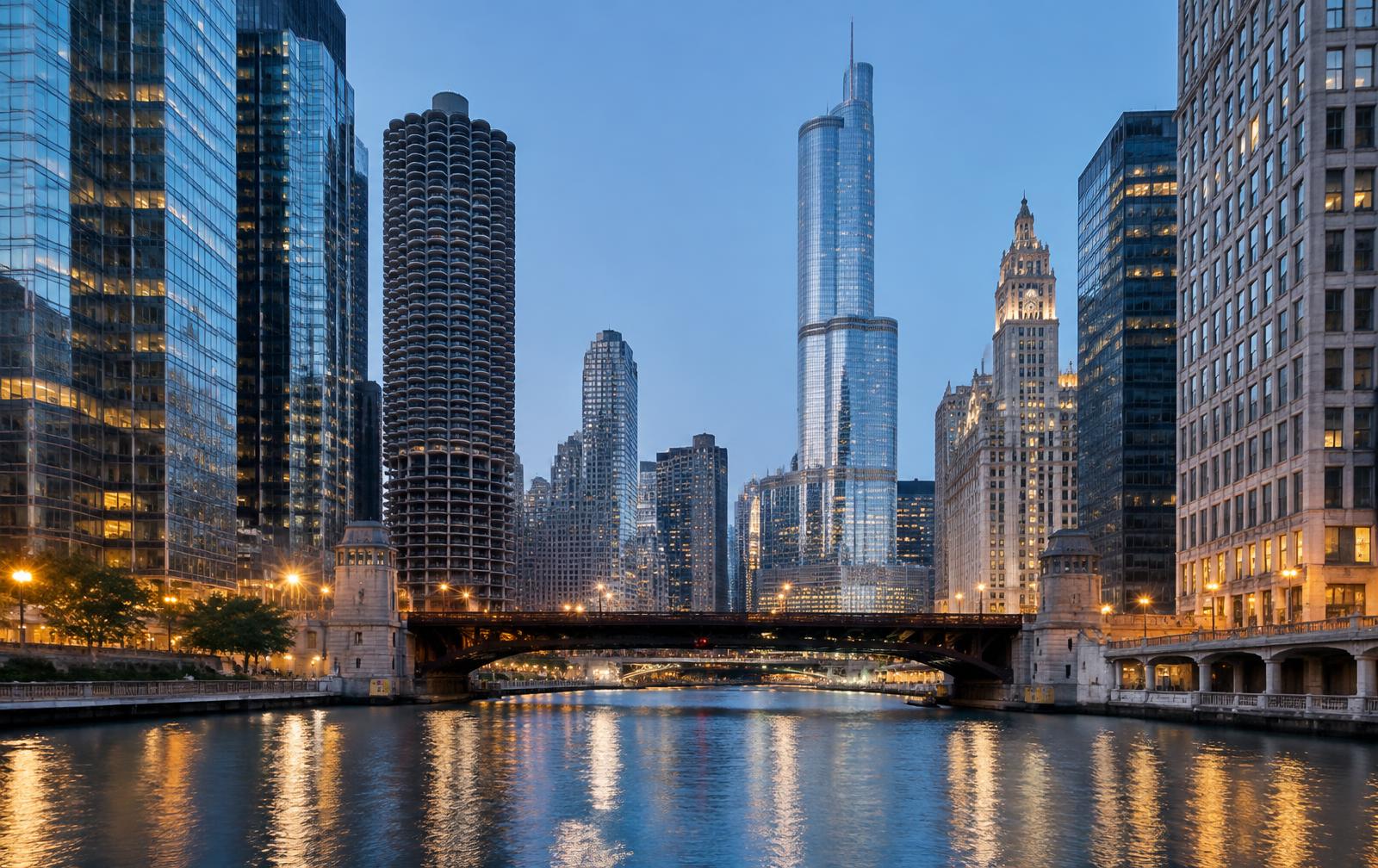 Chicago River and downtown architecture at blue hour