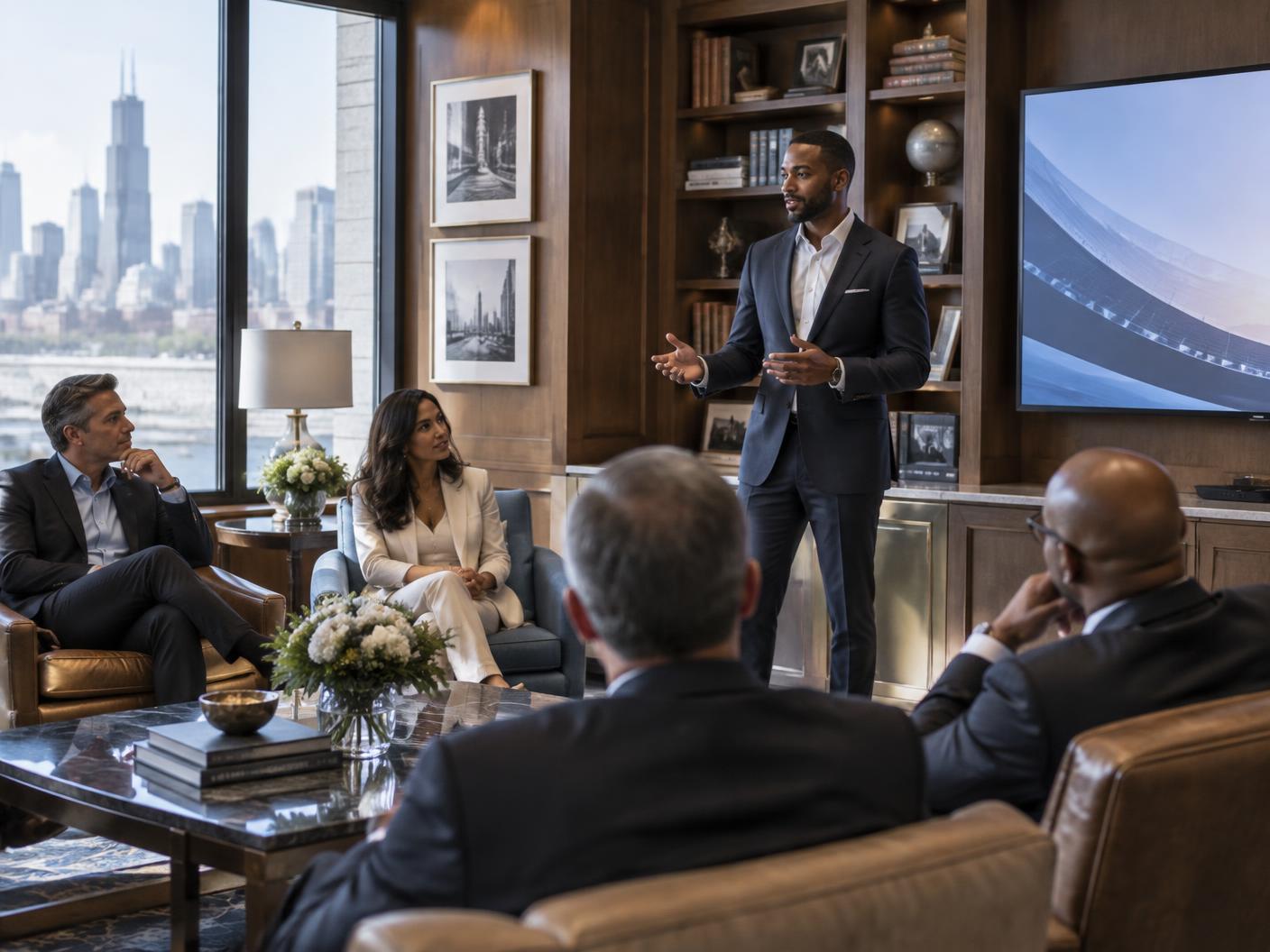 A founder presenting to a small group of investors