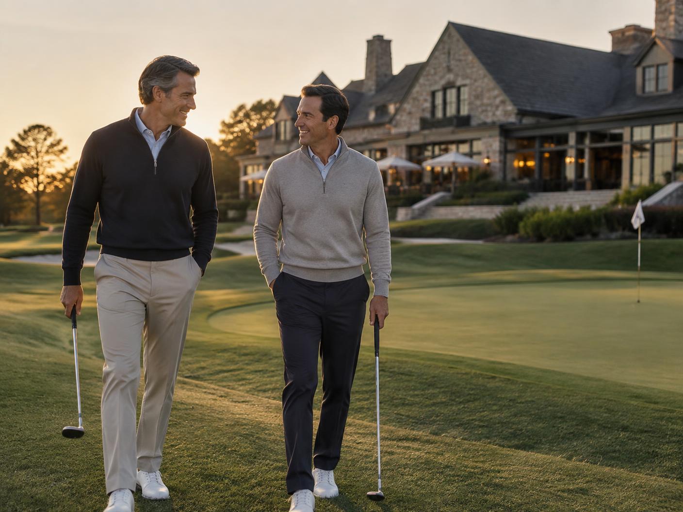 Sports business leaders walking a private golf course